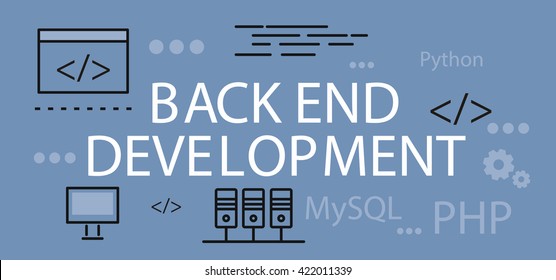 Back end development banner concept. Background or backdrop with elements icon on digital programming and development. Create proscale write scripts in java language design flat. Vector illustration