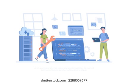 Back end development coding and programming. Software engineering process. Cartoon modern flat vector illustration for banner, website design, landing page.	
