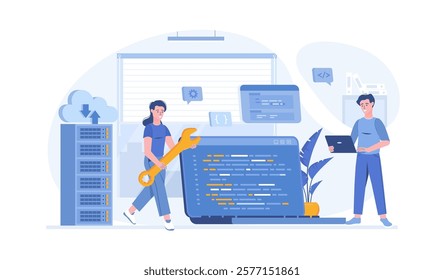 Back end development coding and programming. Software engineering process. Vector illustration with characters in flat design for web banner.	
