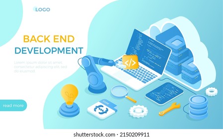 Back End Development, Coding, Software Engineering, Programming. Server racks in the big cloud, database, program code on laptop screen. Isometric vector illustration for website.