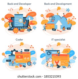 Back end development concept set. Software development process. Website interface design improvement. Programming and coding. IT profession. Isolated flat vector illustration