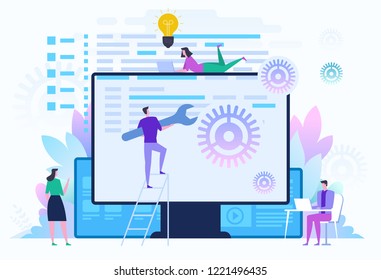 Back end development IT concept. Software development process. People configure the application on the big LCD screen with gears. Vector illustration 