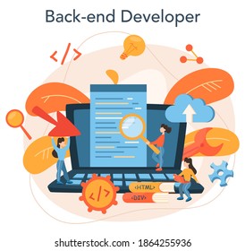 Konzept der Back-End-Entwicklung. Softwareentwicklungsprozess. Verbesserung des Website-Schnittstellendesigns. Programmierung und Programmierung. IT-Beruf. Einzelne flache Vektorgrafik