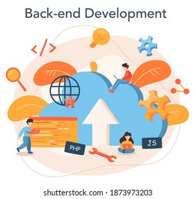 Back end development concept. Software development process. Website interface design improvement. Programming and coding. IT profession. Isolated flat vector illustration