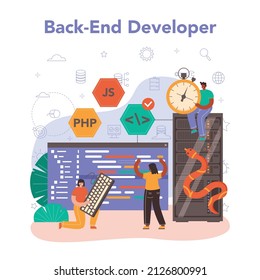 Concepto de desarrollo de back-end. Proceso de desarrollo de software. Mejora de la arquitectura del sitio web. Programación y codificación. Profesional de TI. Ilustración vectorial plana aislada