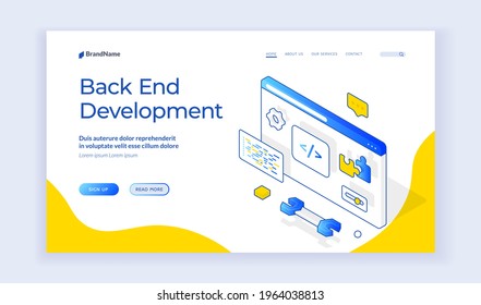 Back end development. Design of vector banner of contemporary programming web resource offering help with back end interface development. Isometric web banner, landing page template