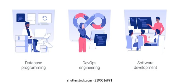 Back end development isolated concept vector illustration set. Database programming, DevOps team, application software engineering, coding database, teamwork in IT company vector cartoon.