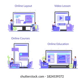 Desarrollo de back-end en línea o conjunto de plataformas. Proceso de desarrollo de software. Mejora del diseño de la interfaz del sitio web. Diseño en línea, educación, lección de video, curso. Ilustración vectorial aislada