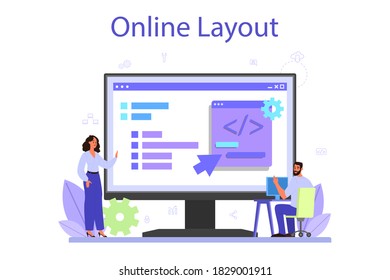 Servicio o plataforma en línea de desarrollo de back-end. Proceso de desarrollo de software. Mejora del diseño de la interfaz del sitio web. Diseño en línea. Ilustración vectorial plana aislada
