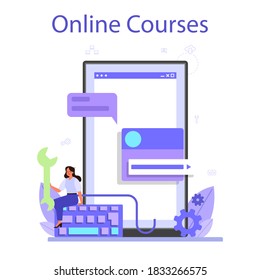 Back end development online service or platform. Software development process. Website interface design improvement. Online course. Isolated flat vector illustration