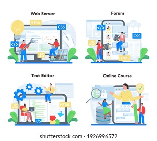 Desarrollo de back-end en línea o conjunto de plataformas. Proceso de desarrollo de software. Mejora del diseño de la interfaz del sitio web. Curso en línea, foro, editor de texto, servidor web. Ilustración vectorial plana