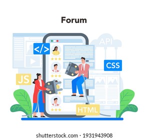 Back end development online service or platform. Software development process. Website interface design improvement. Online forum. Flat vector illustration