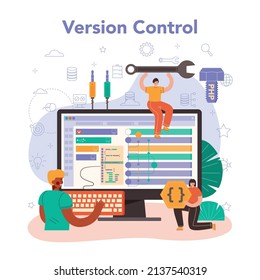 Servicio o plataforma en línea de desarrollo de back-end. Proceso de desarrollo de software. Mejora de la arquitectura del sitio web. Control de versiones en línea. Ilustración vectorial plana