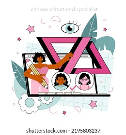 Back end development online service or platform. Software development process. Website architecture improvement. Online hiring. Flat vector illustration