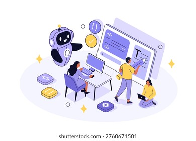 Back end development team using ai agent for writing code, programming. Artificial intelligence assisted business. Vector isometric illustration.