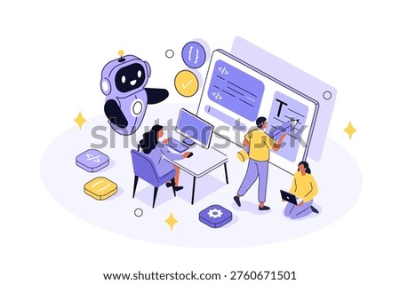 Back end development team using ai agent for writing code, programming. Artificial intelligence assisted business. Vector isometric illustration.