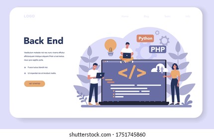 Back end development web banner or landing page . Software development process. Website interface design improvement. Programming and coding. IT profession. Isolated flat vector illustration