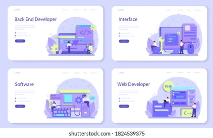 Back end development web banner or landing page set. Software development process. Website interface design improvement. Programming and coding. IT profession. Isolated flat vector illustration