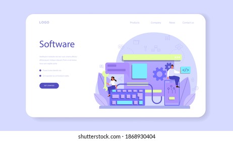 Back end development web banner or landing page. Software development process. Website interface design improvement. Programming and coding. IT profession. Isolated flat vector illustration
