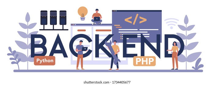Back end typographic header concept. Software development process. Website interface design improvement. Programming and coding. IT profession. Isolated flat vector illustration