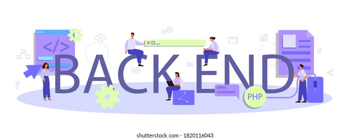 Back end typographic header. Software development process. Website interface design improvement. Programming and coding. IT profession. Isolated flat vector illustration