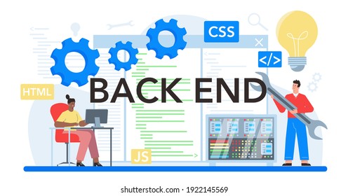 Back end typographic header. Software development process. Website interface design improvement. Programming and coding. IT profession. Isolated flat vector illustration