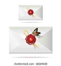Back of envelope with seal and butterfly isolated on white background, vector illustration