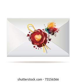 Back of envelope with seal and butterfly isolated on white background