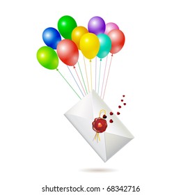 Back of envelope with seal raised by balloons, isolated on white background, vector illustration