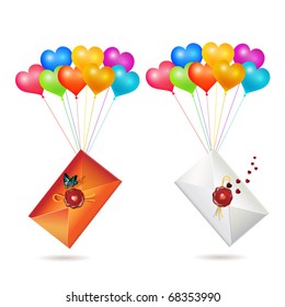 Back of envelope with seal raised by balloons, for Valentine's day, isolated on white background, vector illustration