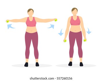 Back exercise for fat women on white background. Hands rising.