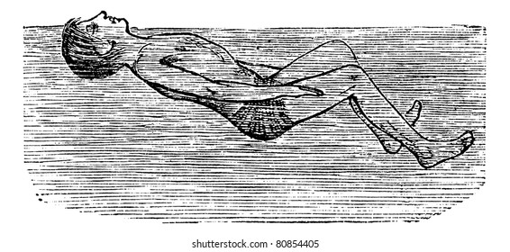Back Float with Flutter Kick, vintage engraved illustration. Trousset encyclopedia (1886 - 1891).