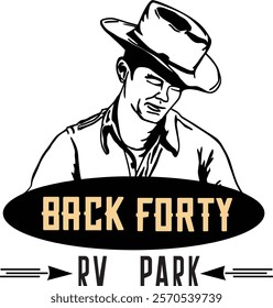 "Back Forty RV Park" features a stylized cowboy hat-wearing figure within an oval shape, with bold, western-style "BACK FORTY" text and simpler "RV PARK" text below, flanked by decorative arrows.