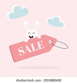 Concepto de Viernes de Viernes de Viernes de Viernes de Viernes de Viernes Atrás. Etiqueta de venta rosa pastel con un conejo blanco sobre fondo rosado. Etiqueta para publicidad, banner y compras.