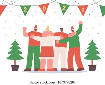 Back of friends Group enjoy together with Christmas party celebration. Peoples draped an arm around together’s shoulders with the happy new year 2021 in pennant.