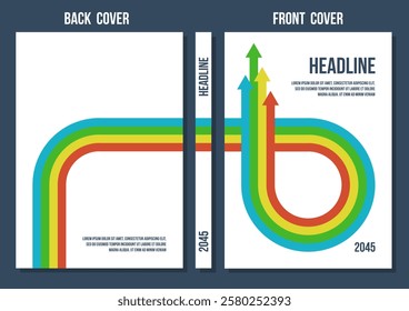 back and front covers with red yellow green blue arrows, vector retro styled template, business strategy or corporate annual report template