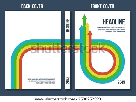 back and front covers with red yellow green blue arrows, vector retro styled template, business strategy or corporate annual report template