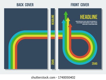 back and front dark gray covers with red yellow green blue arrows, vector retro styled template