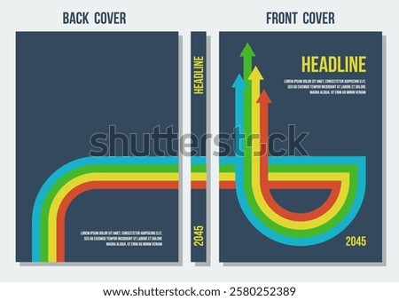 back and front dark gray covers with red yellow green blue arrows, vector retro styled template, business strategy or corporate annual report template