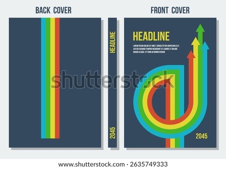 back and front dark gray covers with red yellow green blue arrows, vector retro styled template, business strategy or corporate annual report template