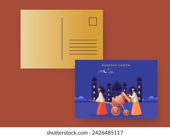 Back and Front Ramadan Kareem Greeting or Invitation Card With Envelope In Golden and Blue Color.
