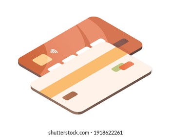 Back and front sides of plastic credit cards with bank security features chip, contactless payment symbol, magnetic strip and hologram. Colored flat vector illustration isolated on white background