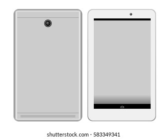 Back and front of silver and white android tablet