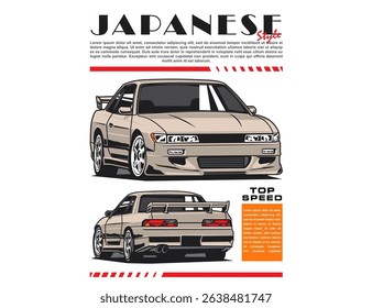 back and front view 90s car vector design illustration image with text background