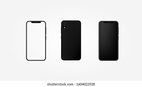 Back and front view realistic on white background. Phone mockup with blank screen