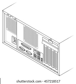 Back of a generic desktop PC showing a variety of connector ports. USB, ethernet, sound in, headphones, parallel, serial, VGA, and four expansion slots.