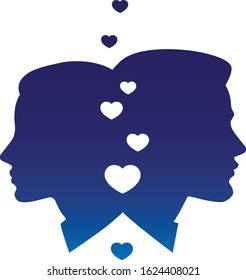 Back to back, a girl and a boy with hearts flying between them. Vector illustration.