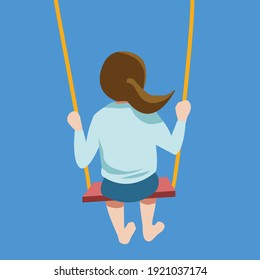 Back of girl sitting on swing; cartoon-vector