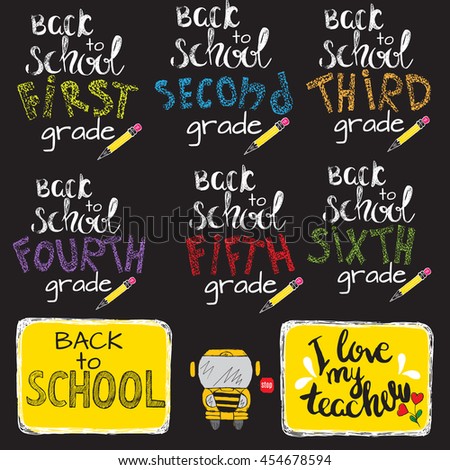Back to grade lettering on the blackboard.A big set of hand-drawn doodles.Welcome to school background.