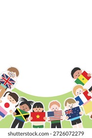Back ground of Cute Children Holding National Flags from Around the World